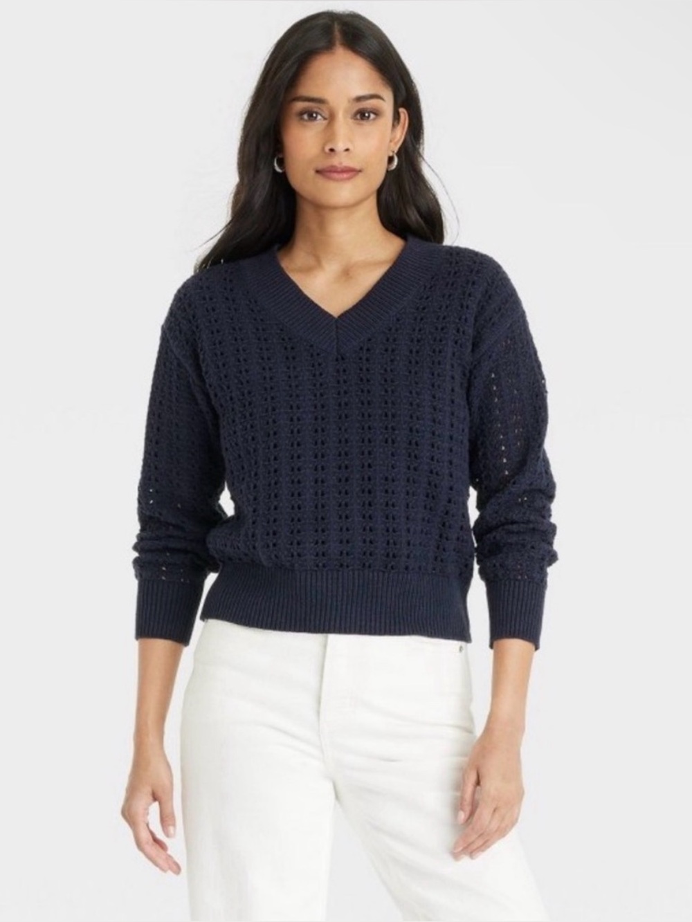 Universal Thread Women's Navy V-Neck Pointelle Sweater